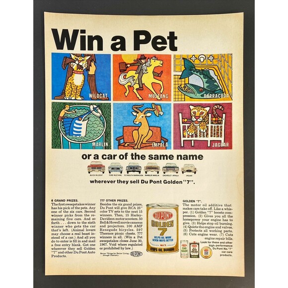 Du Pont Golden 7 Motor Oil Additive "First Sweepstakes" Vintage Print Ad 1967 - Picture 3 of 3
